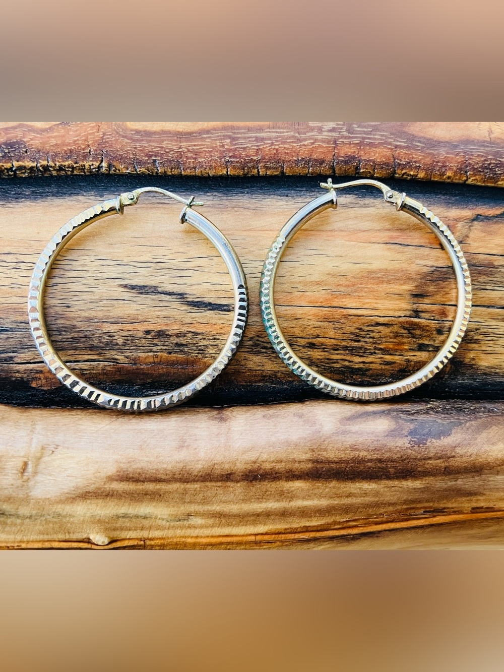 925 Sterling Silver Hoops Earrings Diamond Cut Textured
